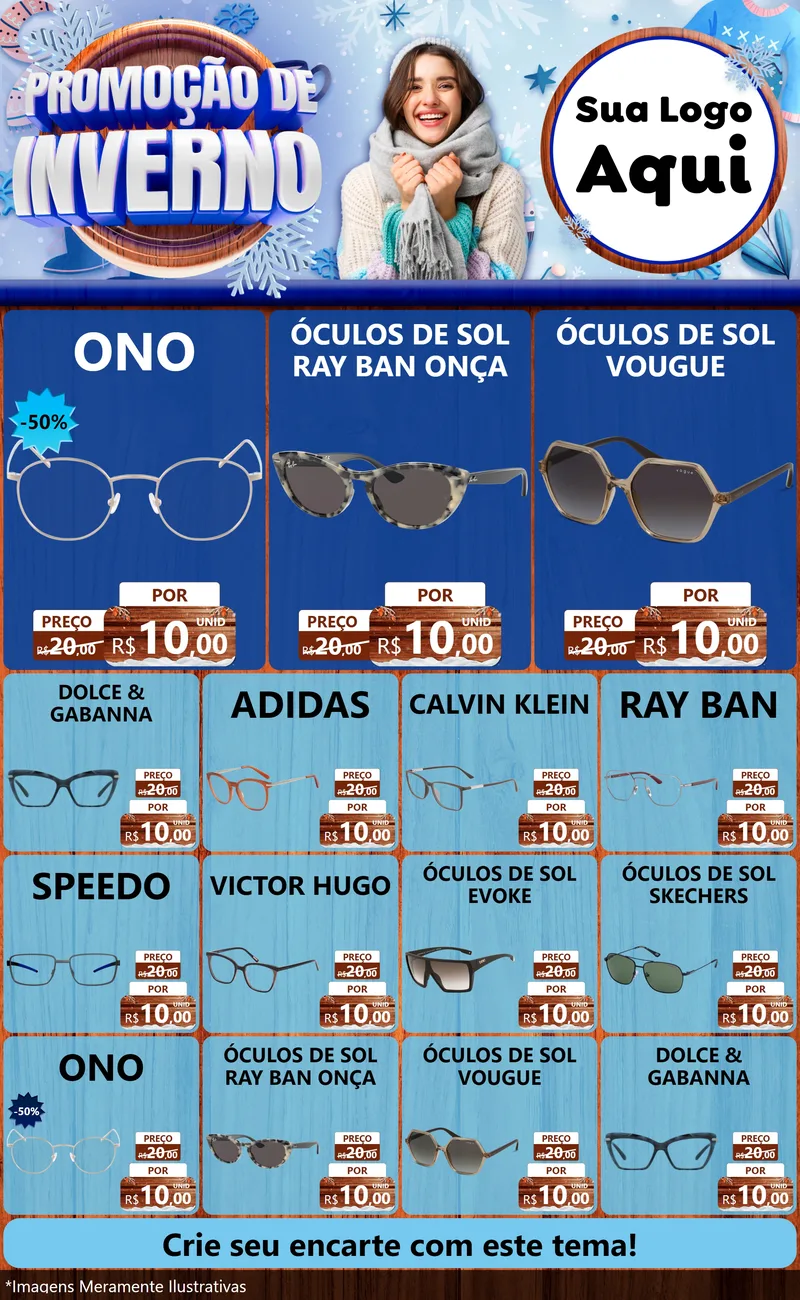 Modelo de Encarte para Encarte Grande com o tema Promoção de Inverno para Óticas