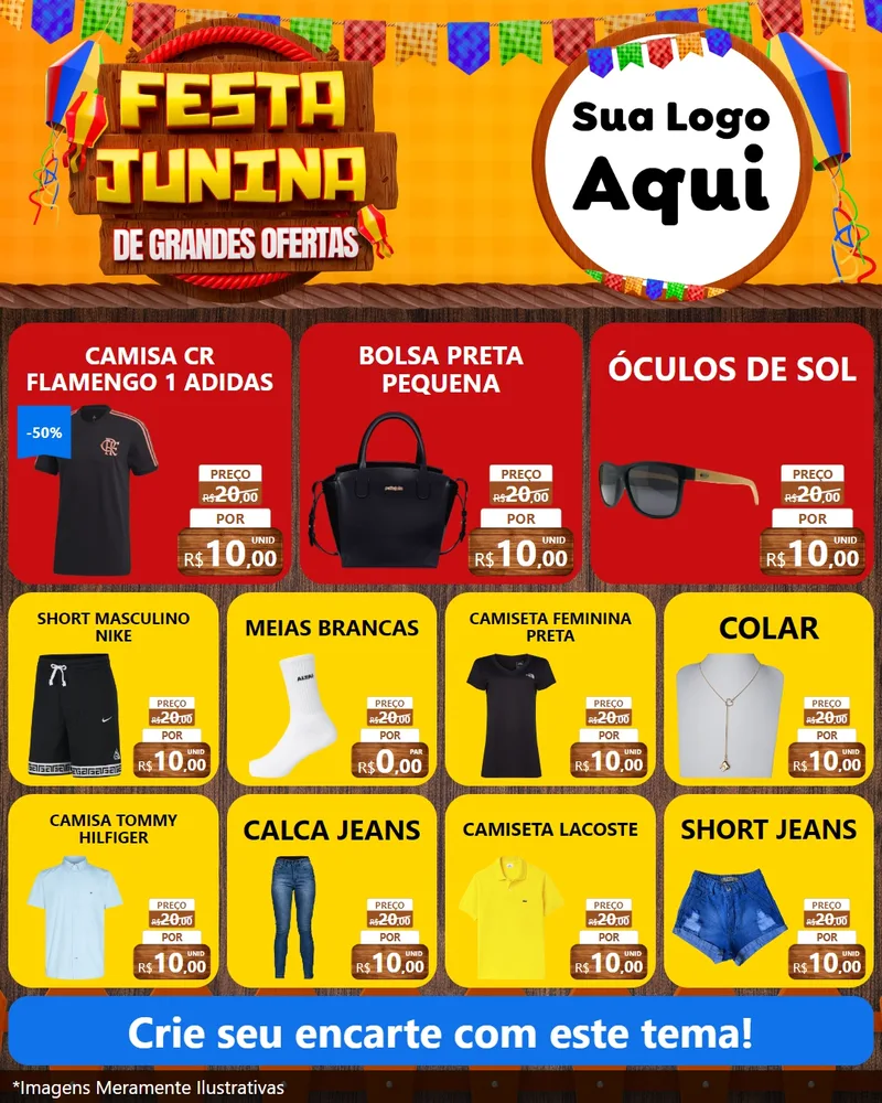 Modelo de Rede Social para Feed Instagram com o tema Festa Junina de Grandes Ofertas para Roupas e acessórios