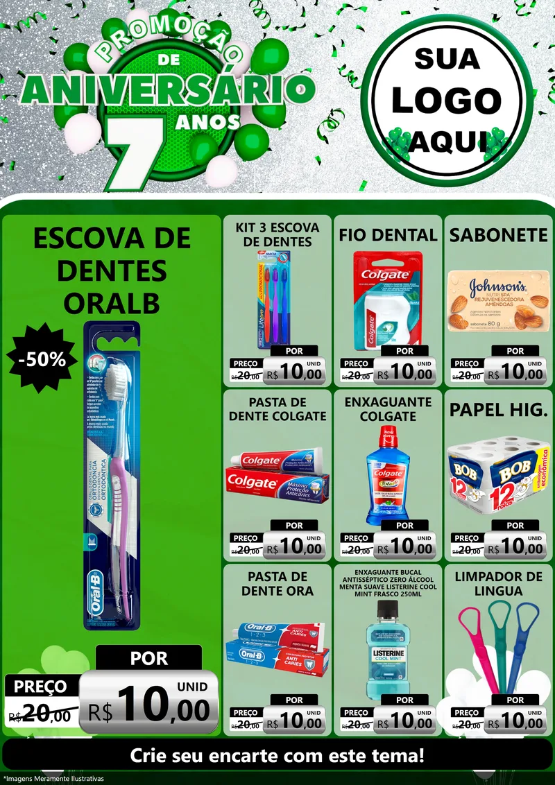 Modelo de Encarte para Encarte A4 Vertical com o tema Promoção de Aniversário - 7 Anos para Higiene Pessoal