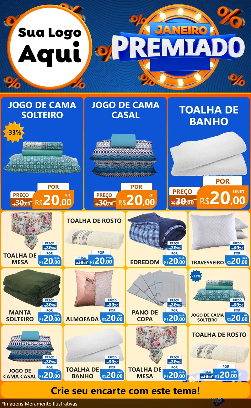 Modelo de Encarte para Encarte Grande com o tema Janeiro Premiado para Cama, Mesa e Banho