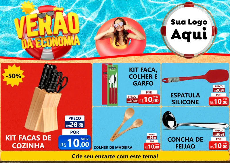 Modelo de Encarte para Encarte A4 Horizontal com o tema Verão da Economia para Utilidades Domésticas