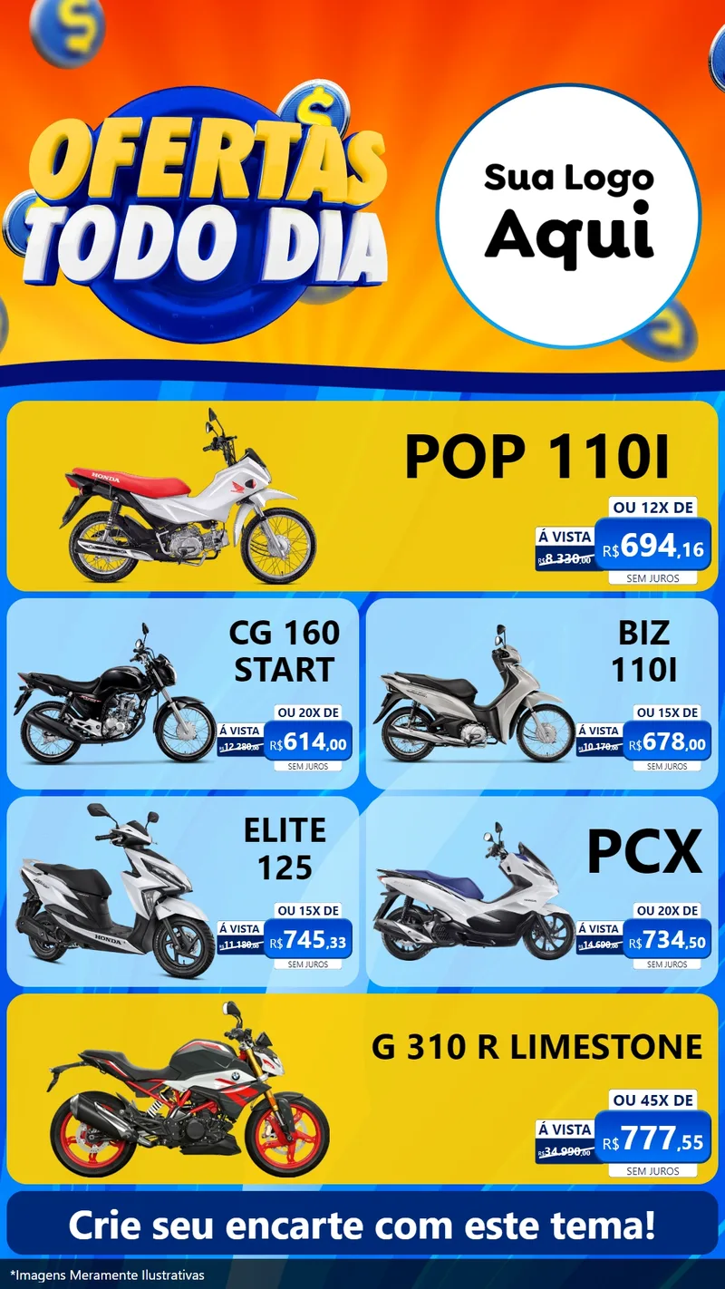 Modelo de TV para TV Vertical com o tema Ofertas Todo Dia para Concessionaria de Motos