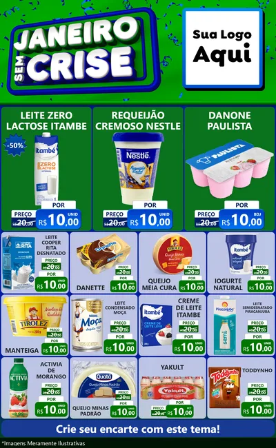 Modelo de Encarte para Encarte Grande com o tema Janeiro Sem Crise para Frios e Laticínios