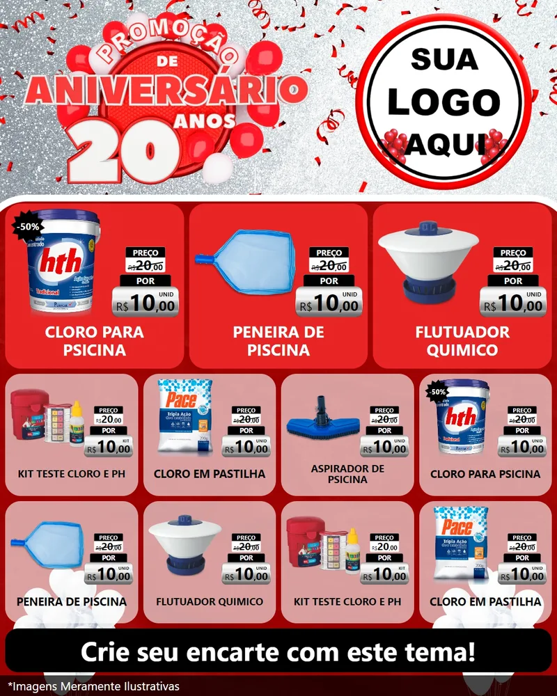 Modelo de Rede Social para Feed Instagram com o tema Promoção de Aniversário - 20 Anos para Produtos para Piscina