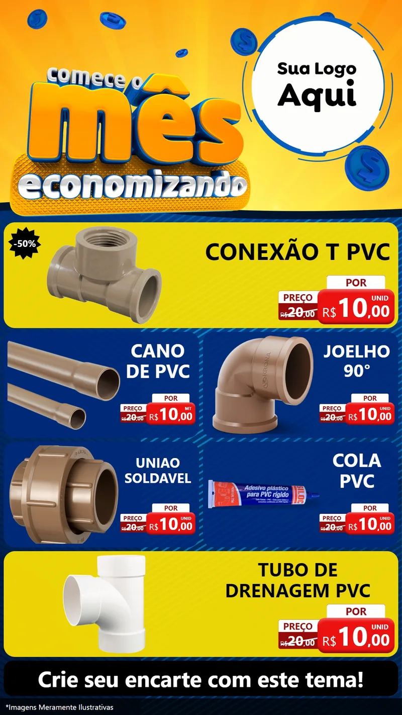 Modelo de TV para TV Vertical com o tema Comece O Mês Economizando para Tubos e conexões