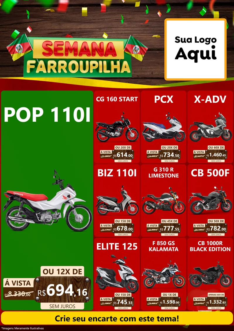 Modelo de Encarte para Encarte A4 Vertical com o tema Semana Farroupilha para Concessionaria de Motos