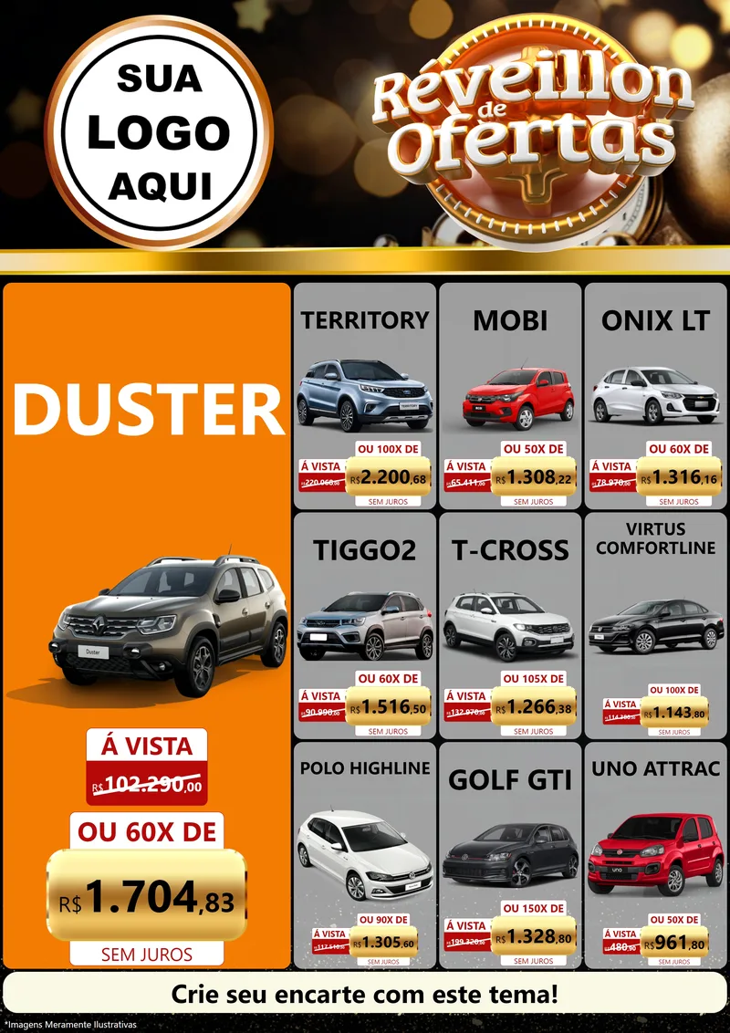 Modelo de Encarte para Encarte A4 Vertical com o tema Réveillon de Ofertas para Concessionaria de Carros