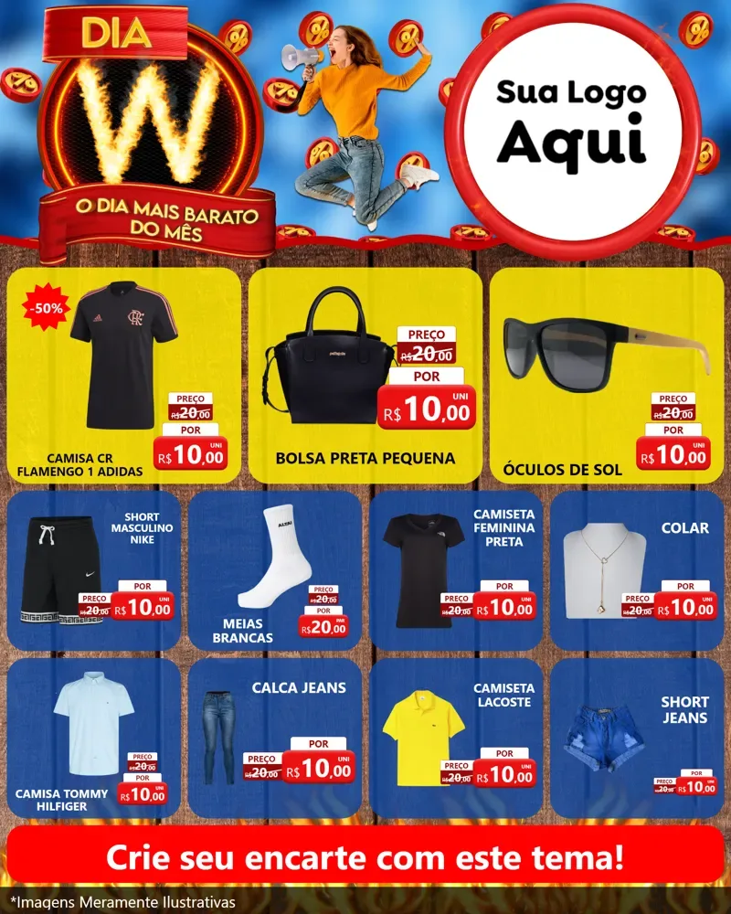 Modelo de Rede Social para Feed Instagram com o tema Dia W - O Dia Mais Barato Do Mês para Roupas e acessórios