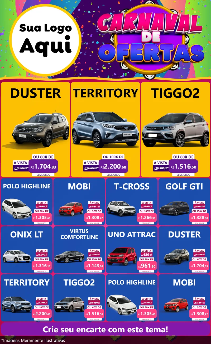 Modelo de Encarte para Encarte Grande com o tema Carnaval de Ofertas para Concessionaria de Carros