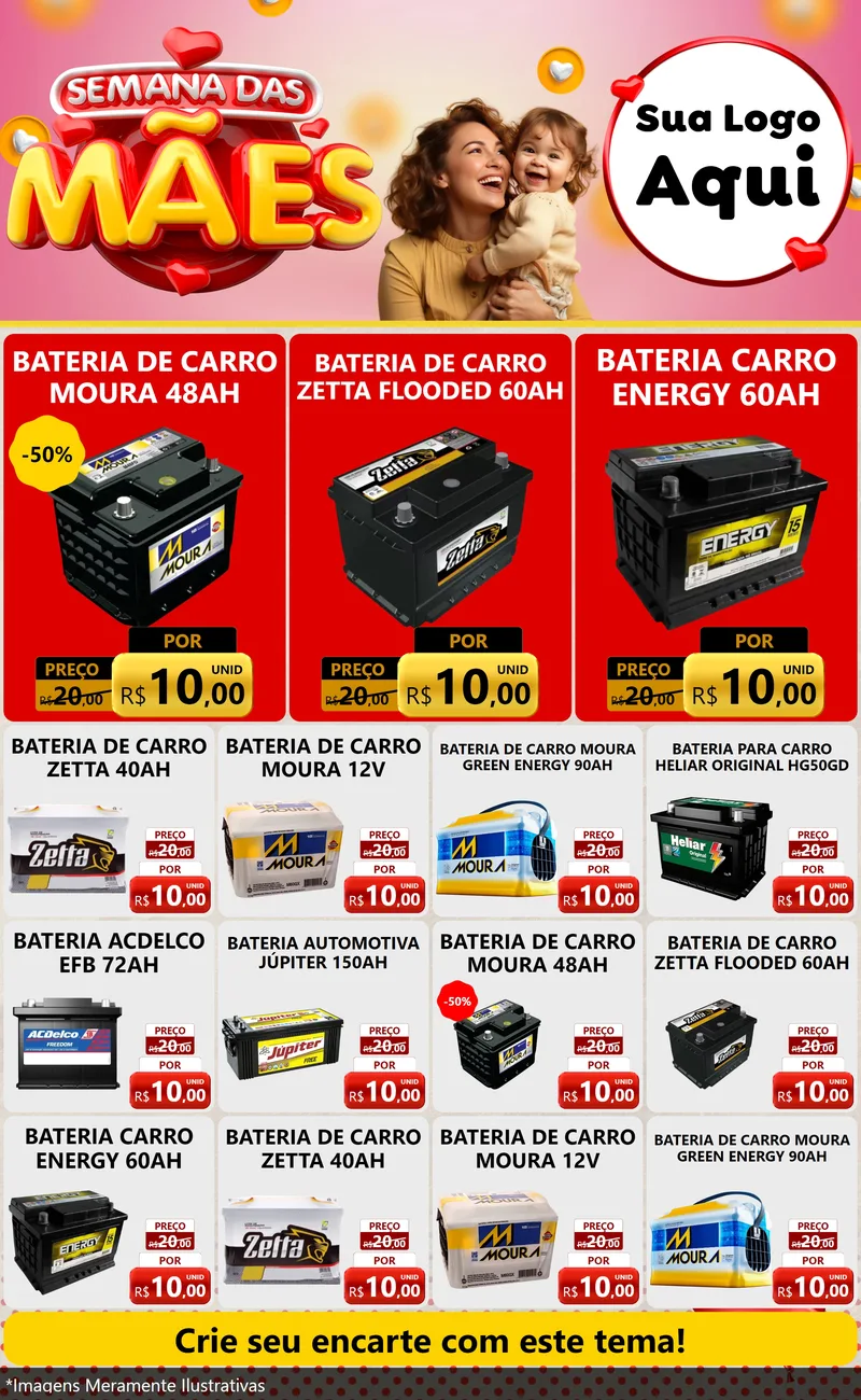 Modelo de Encarte para Encarte Grande com o tema Semana das Mães para Baterias Elétricas
