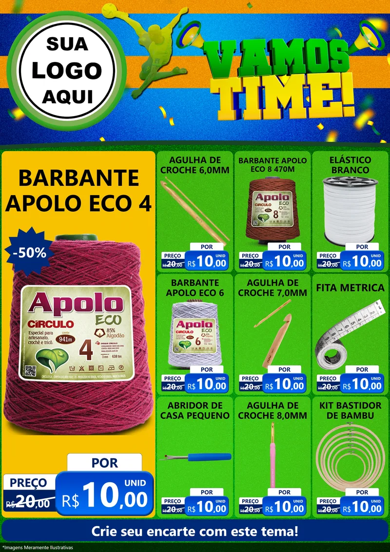 Modelo de Encarte para Encarte A4 Vertical com o tema Vamos Time! para Armarinho e Aviamentos