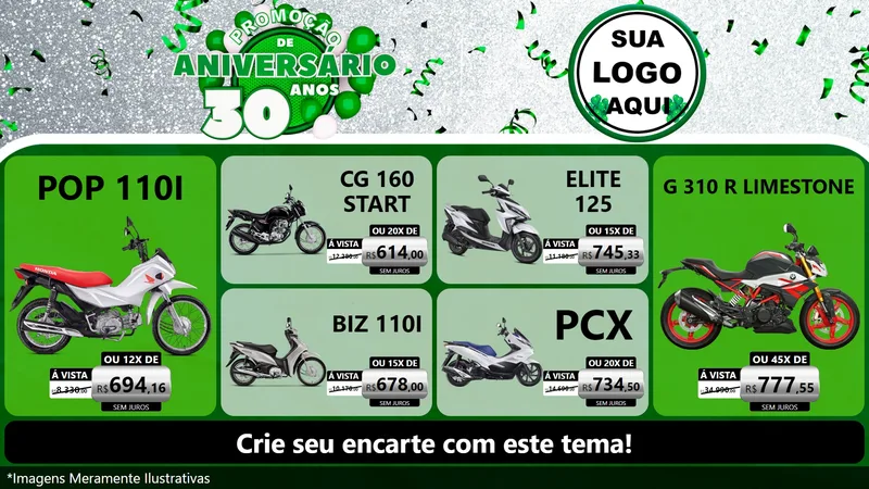 Modelo de TV para TV Horizontal com o tema Promoção de Aniversário - 30 Anos para Concessionaria de Motos