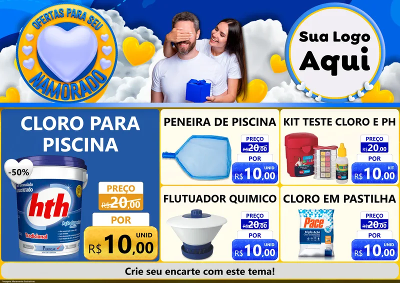 Modelo de Encarte para Encarte A4 Horizontal com o tema Ofertas Para Seu Namorado para Produtos para Piscina