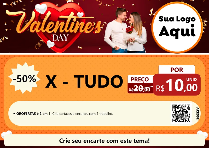 Modelo de Cartaz para Cartaz A4 Horizontal com o tema Valentine's Day para Hamburgueria