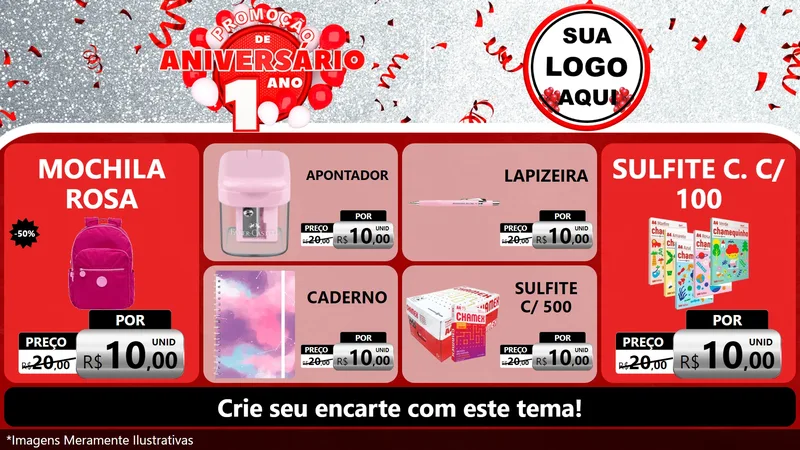 Modelo de TV para TV Horizontal com o tema Promoção de Aniversário - 1 Ano para Papelaria