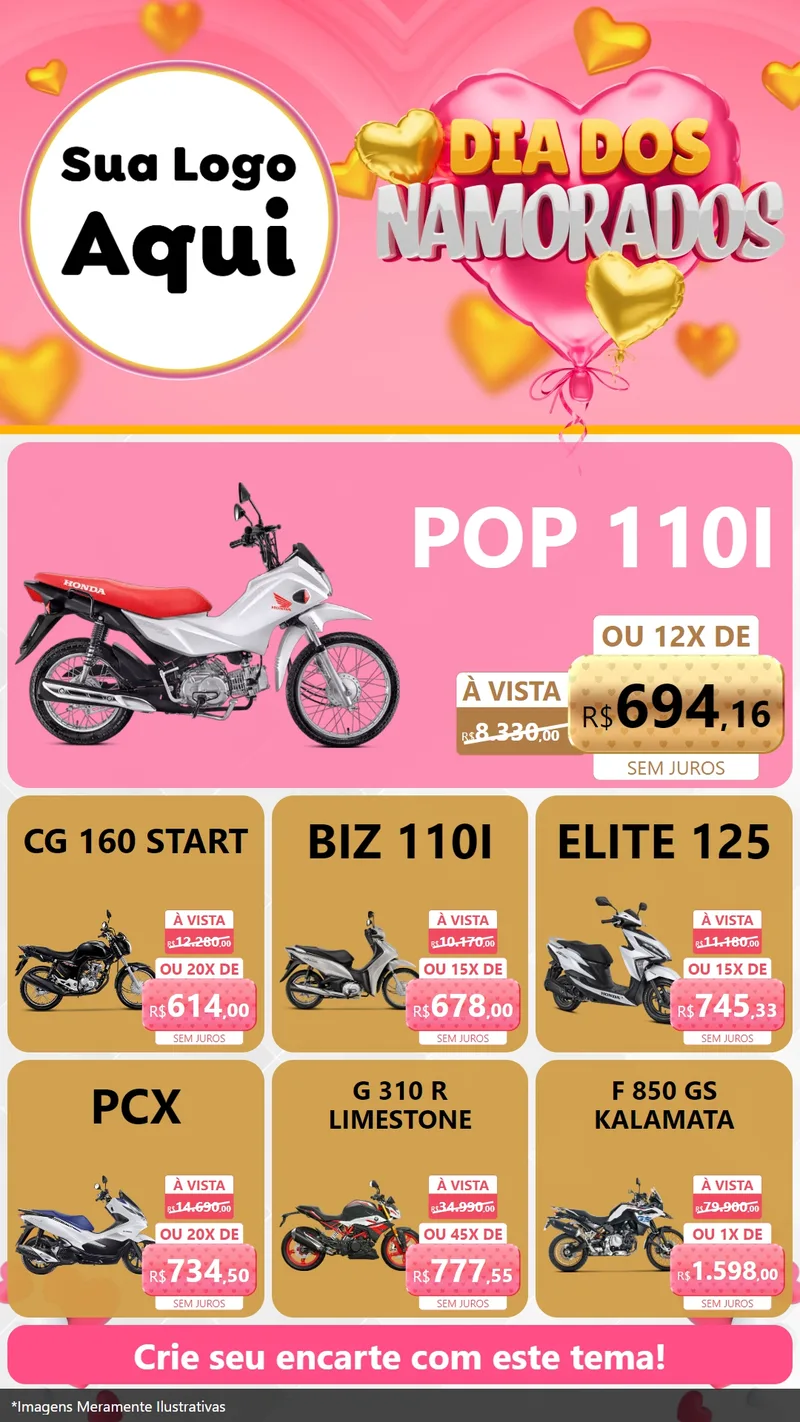 Modelo de Rede Social para Stories com o tema Dia dos Namorados para Concessionaria de Motos