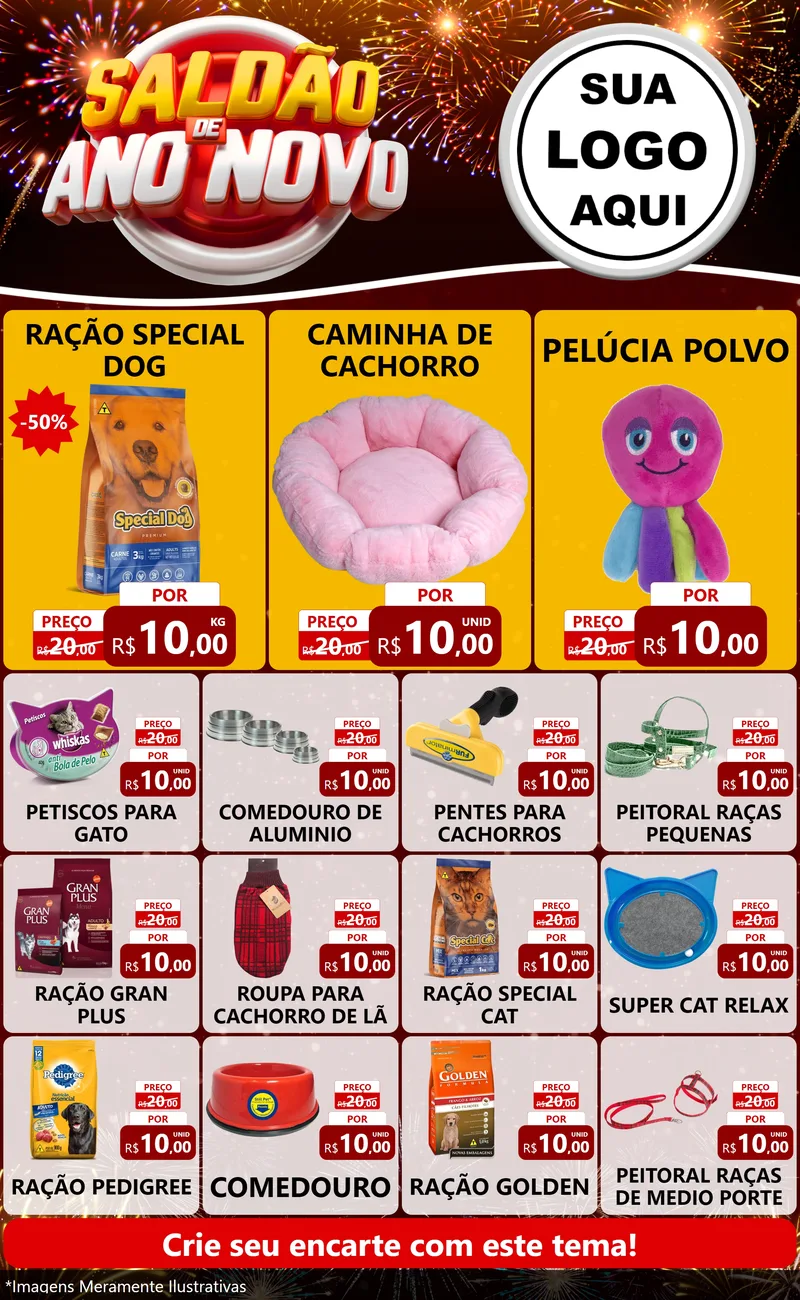 Modelo de Encarte para Encarte Grande com o tema Saldão de Ano Novo para Pet Shop
