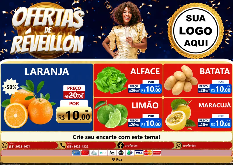Modelo de Encarte para Encarte A4 Horizontal com o tema Ofertas de Réveillon para Hortifrúti