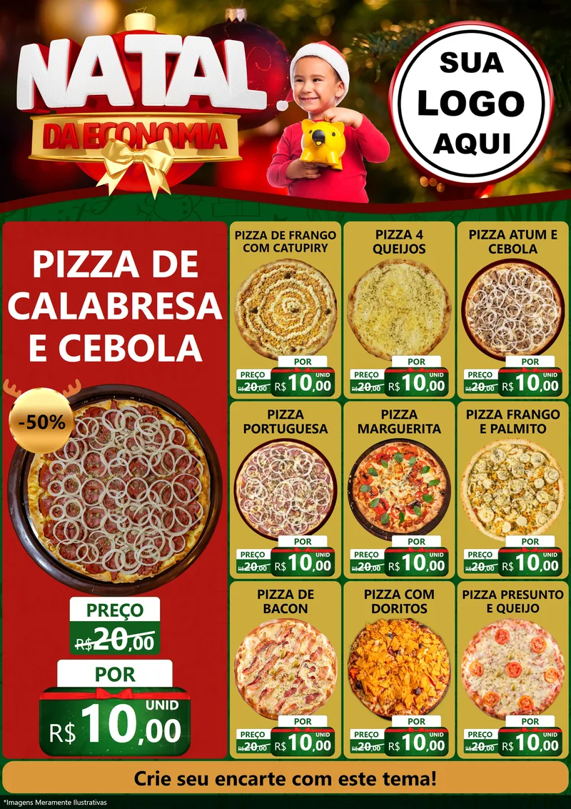 Modelo de Encarte para Encarte A4 Vertical com o tema Natal da Economia para Pizzaria