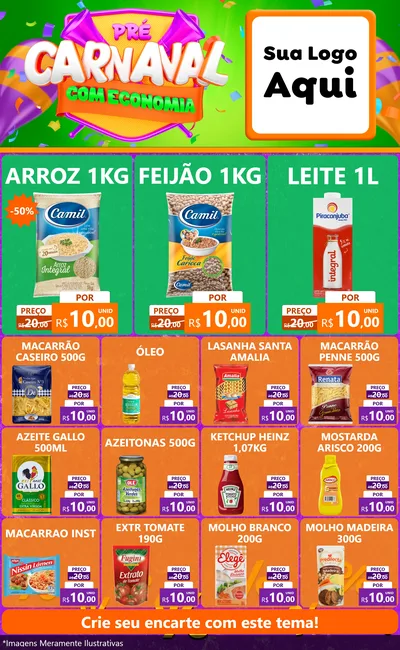 Modelo de Encarte para Encarte Grande com o tema Pré-Carnaval Com Economia para Supermercado