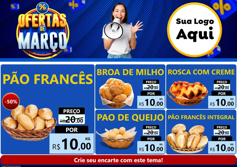 Modelo de Encarte para Encarte A4 Horizontal com o tema Ofertas de Março para Padaria