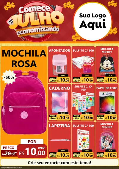 Modelo de Encarte para Encarte A4 Vertical com o tema Comece Julho Economizando para Papelaria