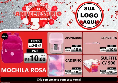Modelo de Encarte para Encarte A4 Horizontal com o tema Promoção de Aniversário - 3 Anos para Papelaria