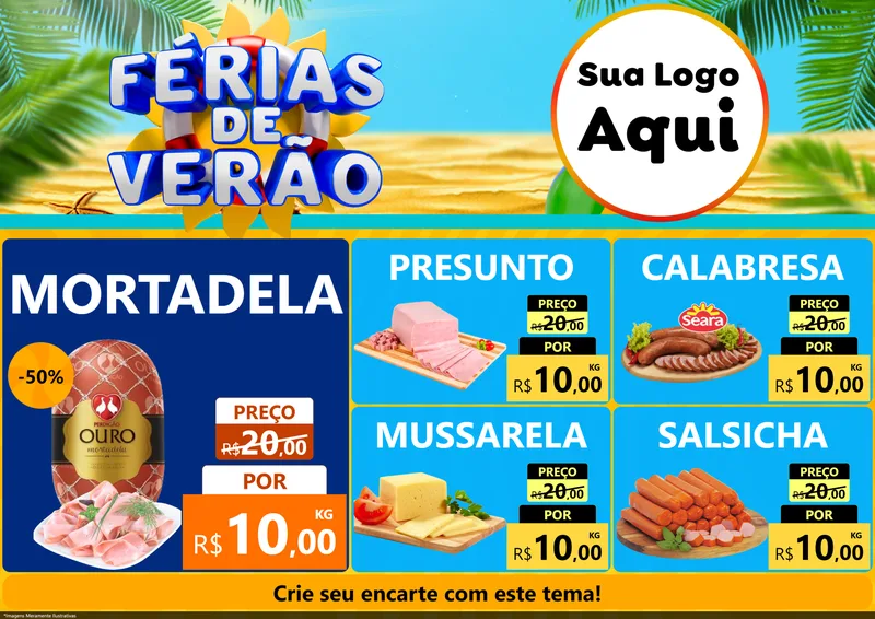 Modelo de Encarte para Encarte A4 Horizontal com o tema Férias de Verão para Frios e Laticínios