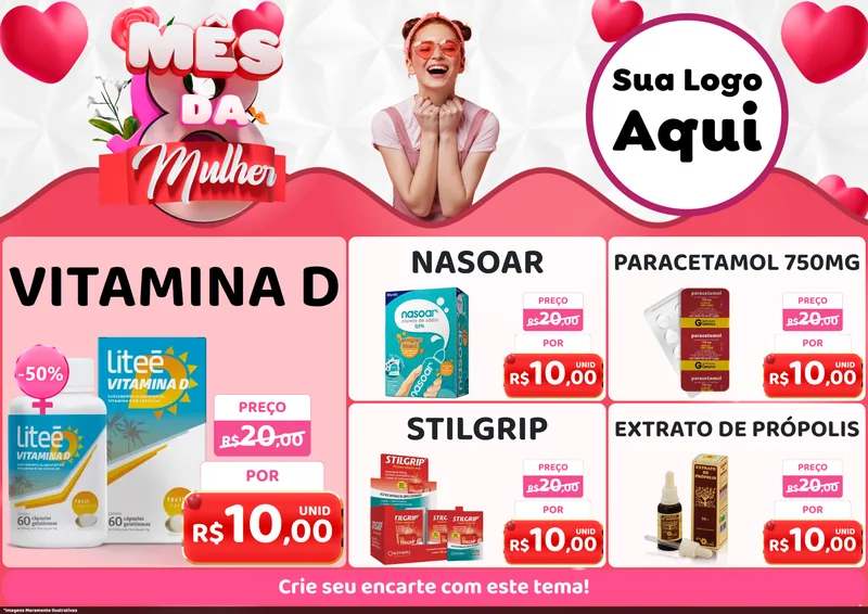 Modelo de Encarte para Encarte A4 Horizontal com o tema Mês da Mulher para Farmácia