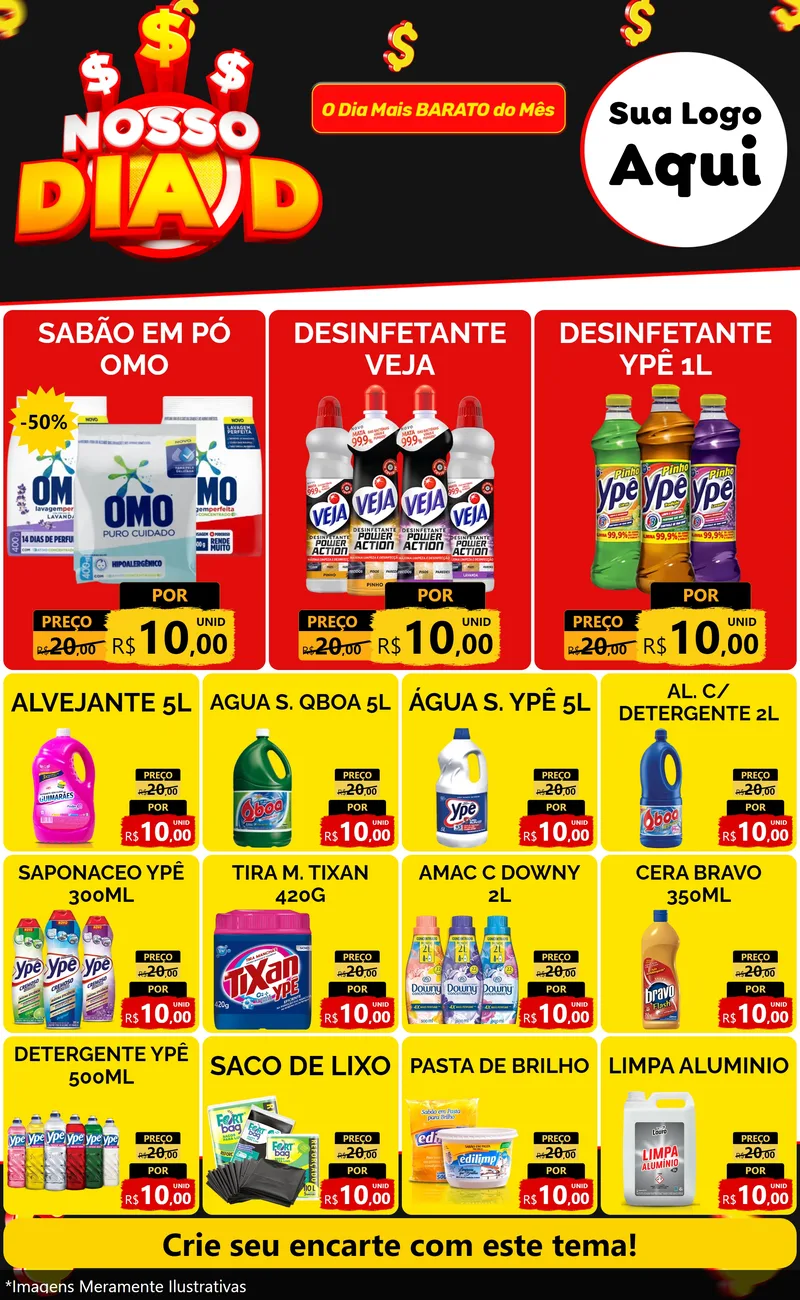 Modelo de Encarte para Encarte Grande com o tema Nosso Dia D para Produtos de Limpeza