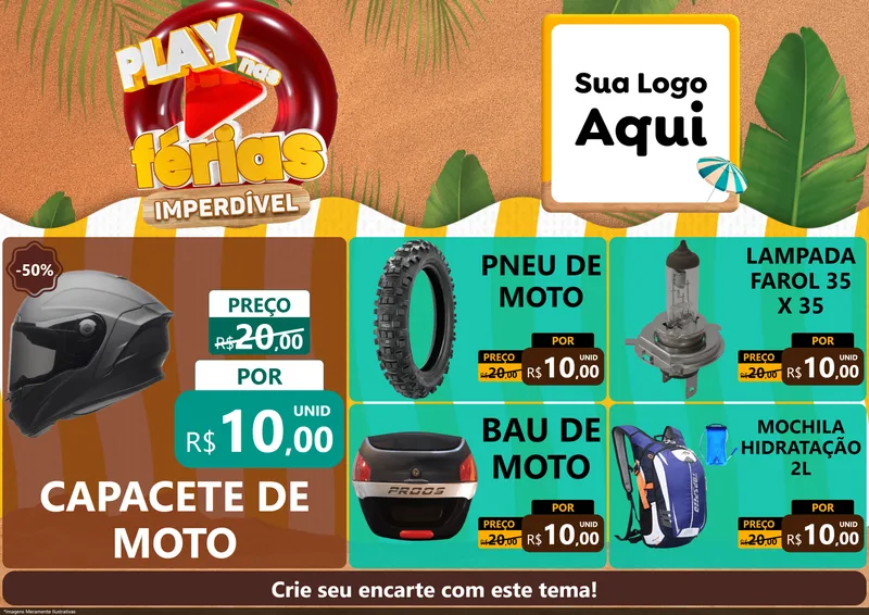 Modelo de Encarte para Encarte A4 Horizontal com o tema Play Nas Férias Imperdível para Moto peças