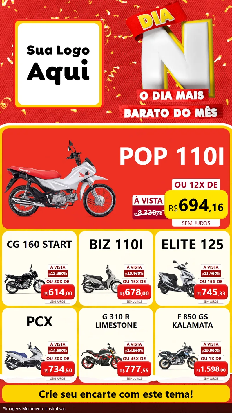 Modelo de Rede Social para Stories com o tema Dia N o Dia Mais Barato do Mês para Concessionaria de Motos