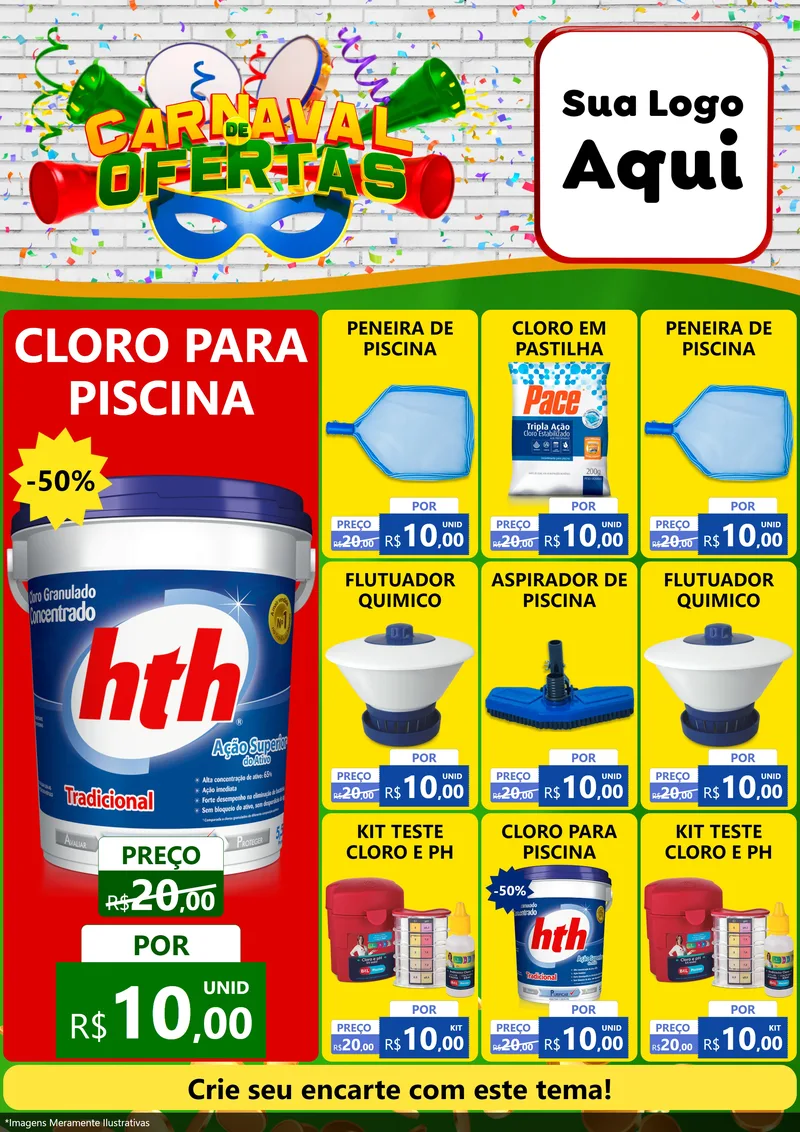 Modelo de Encarte para Encarte A4 Vertical com o tema Carnaval de Ofertas para Produtos para Piscina