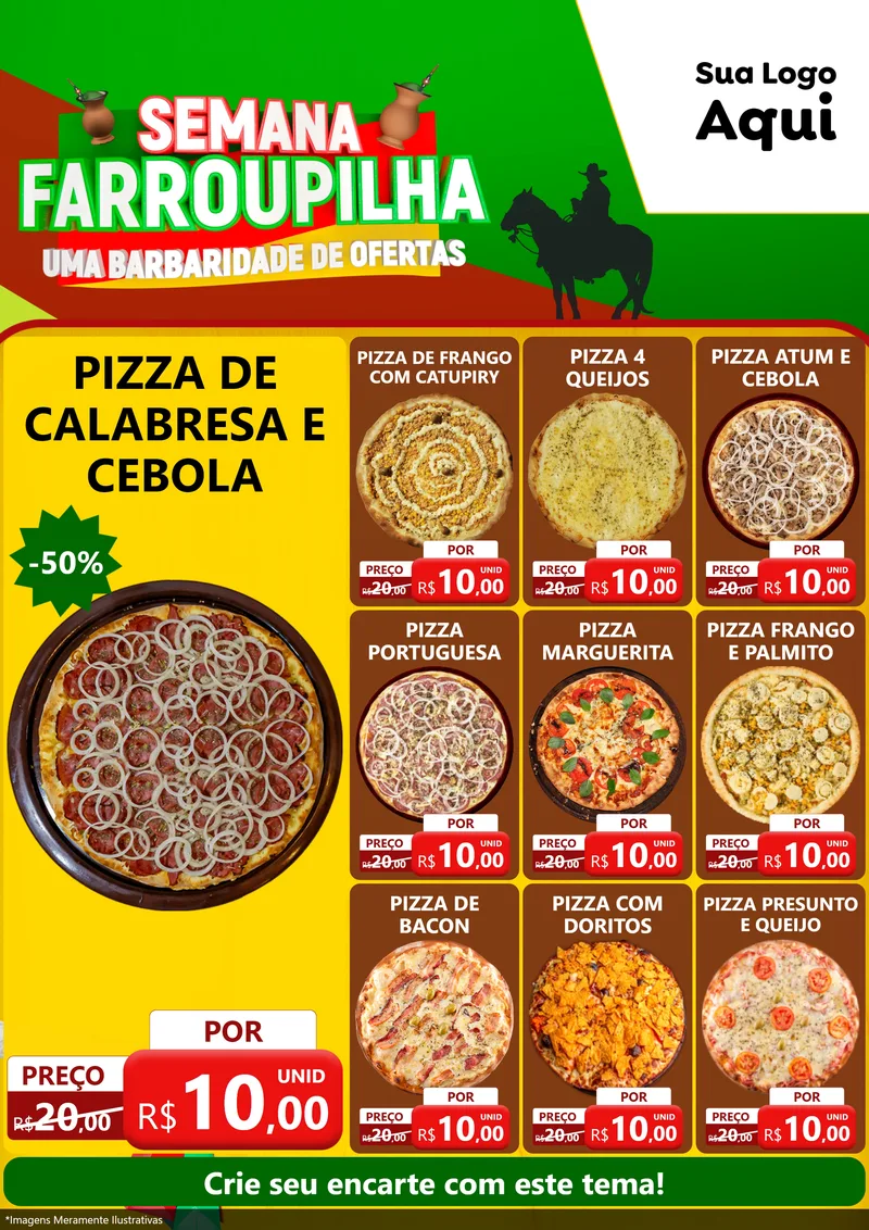 Modelo de Encarte para Encarte A4 Vertical com o tema Semana Farroupilha - Uma Barbaridade de Ofertas para Pizzaria