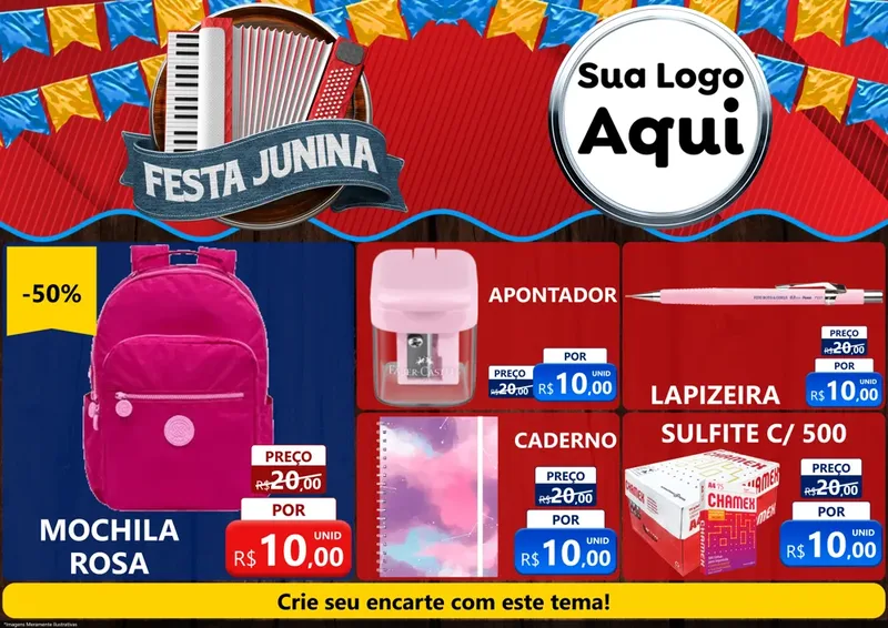 Modelo de Encarte para Encarte A4 Horizontal com o tema Festa Junina para Papelaria