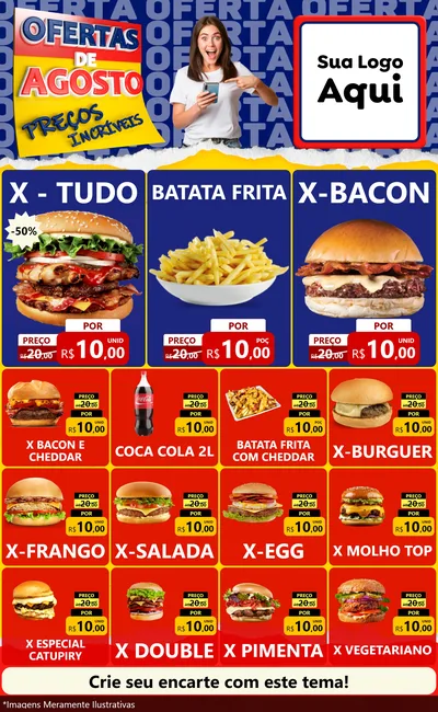 Modelo de Encarte para Encarte Grande com o tema Ofertas de Agosto - Preços Incríveis para Hamburgueria