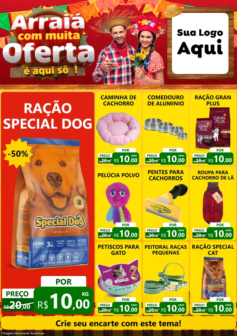 Modelo de Encarte para Encarte A4 Vertical com o tema Arraiá Com Muita Oferta - É Aqui Sô! para Pet Shop