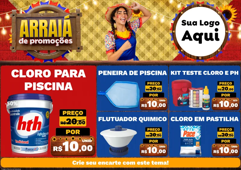Modelo de Encarte para Encarte A4 Horizontal com o tema Arraiá de Promoções para Produtos para Piscina