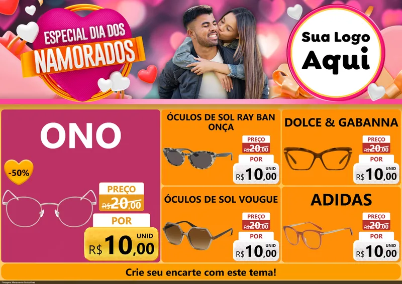 Modelo de Encarte para Encarte A4 Horizontal com o tema Especial Dia dos Namorados para Óticas
