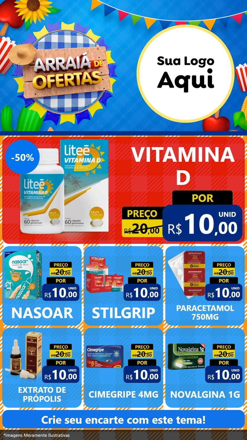 Modelo de Rede Social para Stories com o tema Arraiá de Ofertas para Farmácia