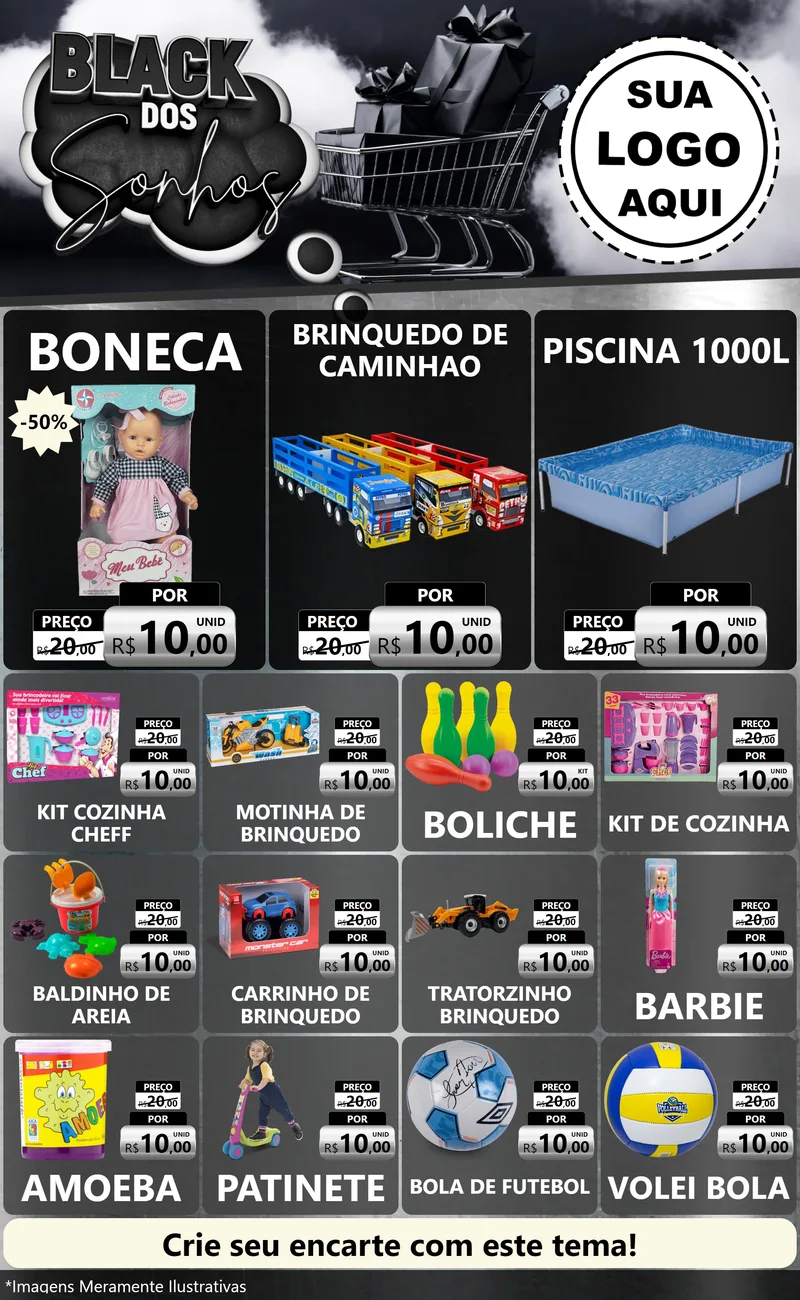 Modelo de Encarte para Encarte Grande com o tema Black dos Sonhos para Brinquedos