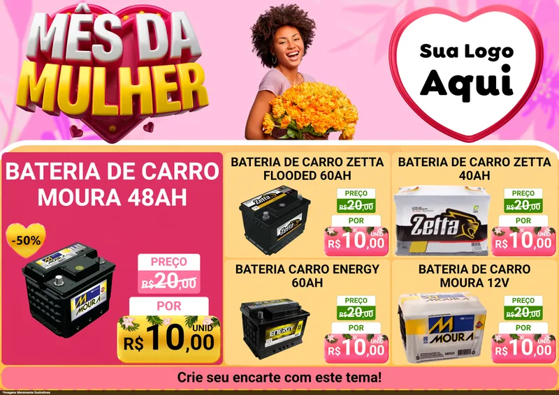Modelo de Encarte para Encarte A4 Horizontal com o tema Mês da Mulher para Baterias Elétricas