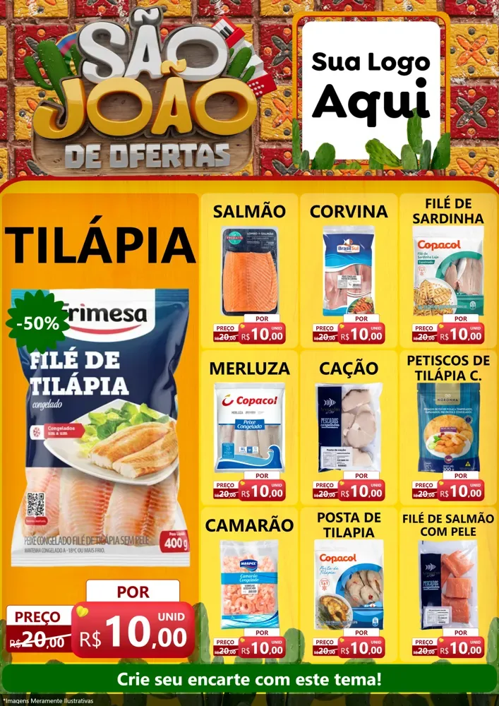Modelo de Encarte para Encarte A4 Vertical com o tema São João de Muitas Ofertas - Junina para Peixaria