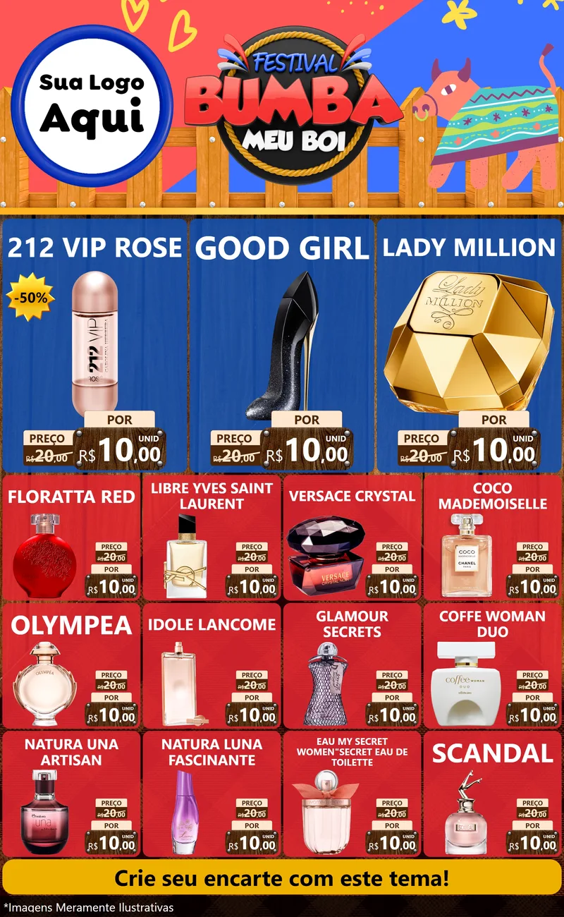 Modelo de Encarte para Encarte Grande com o tema Festival Bumba Meu Boi para Perfumes