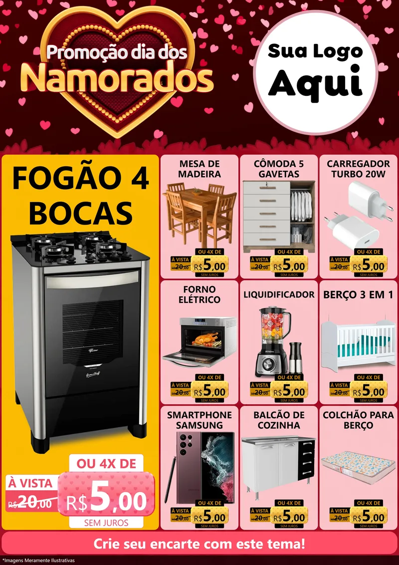 Modelo de Encarte para Encarte A4 Vertical com o tema Promoção Dia Dos Namorados para Móveis e Eletro