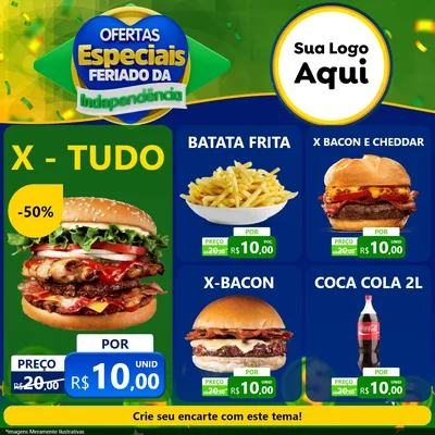 Modelo de Rede Social para Feed Facebook com o tema Ofertas Especiais Feriado da Independência para Hamburgueria