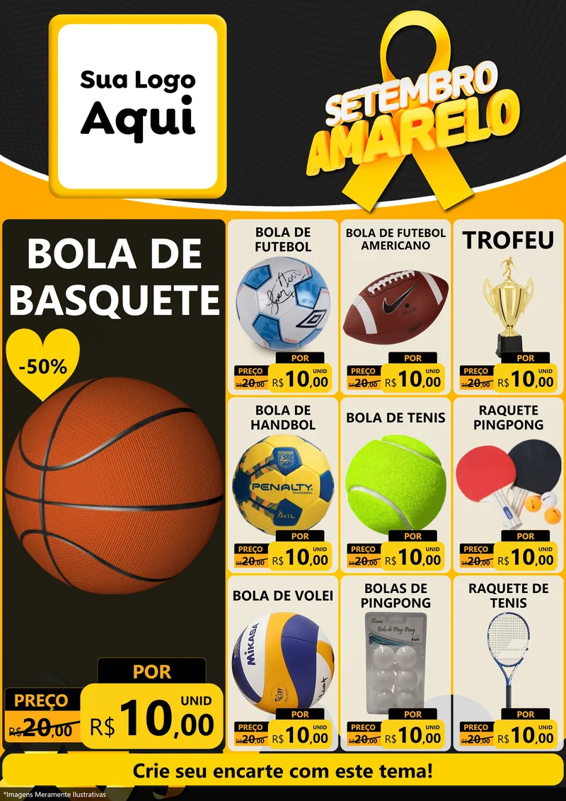 Modelo de Encarte para Encarte A4 Vertical com o tema Setembro Amarelo para Artigos Esportivos