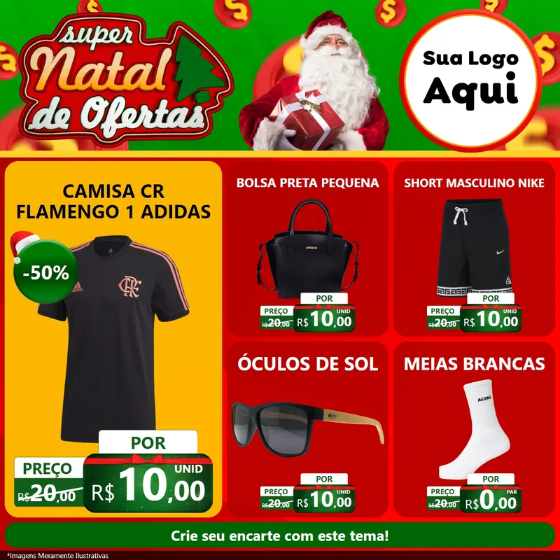 Modelo de Rede Social para Feed Facebook com o tema Super Natal de Ofertas para Roupas e acessórios