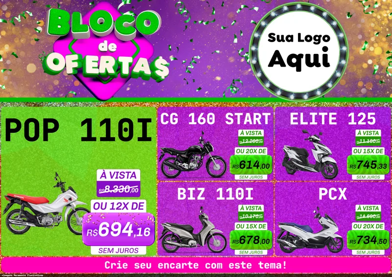 Modelo de Encarte para Encarte A4 Horizontal com o tema Bloco de Ofertas para Concessionaria de Motos