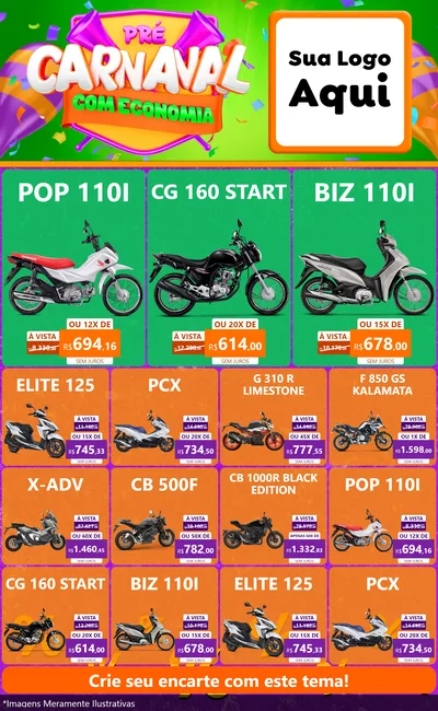 Modelo de Encarte para Encarte Grande com o tema Pré-Carnaval Com Economia para Concessionaria de Motos